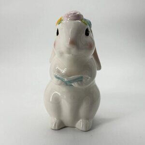 VTG White Easter Ceramic Bunny Rabbit With Roses And A Book